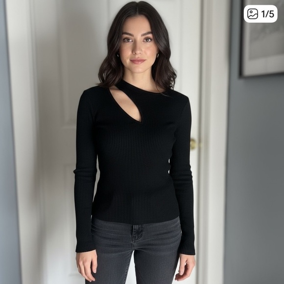 ➕Zara Black Cutout knit top Large Viscose/Nylon - Picture 1 of 6